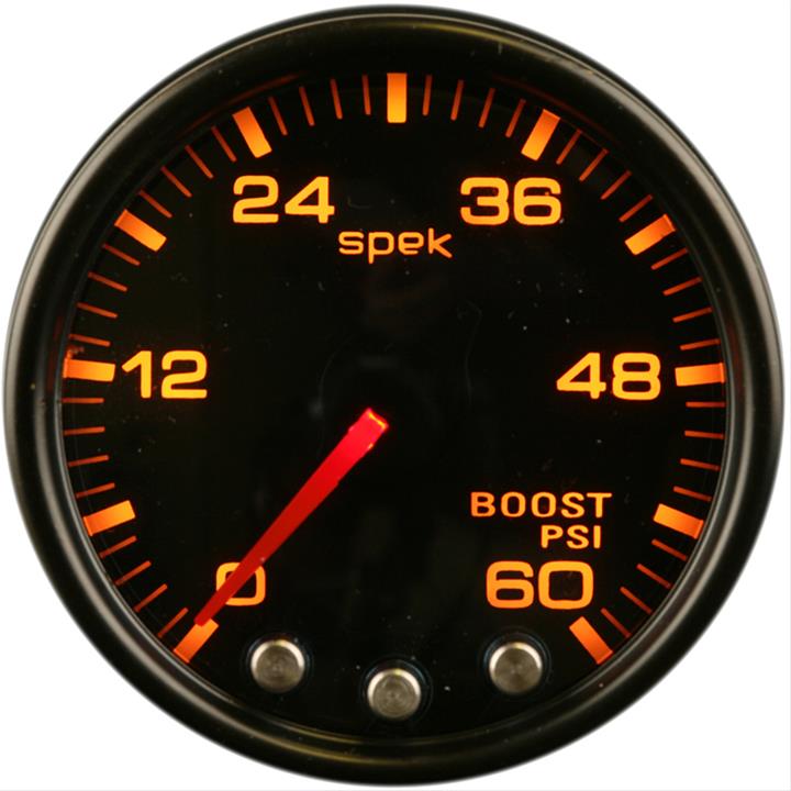 Autometer Spek-Pro Gauge Boost 2 1/16in 60psi Stepper Motor W/Peak & Warn Blk/Smoke/Black