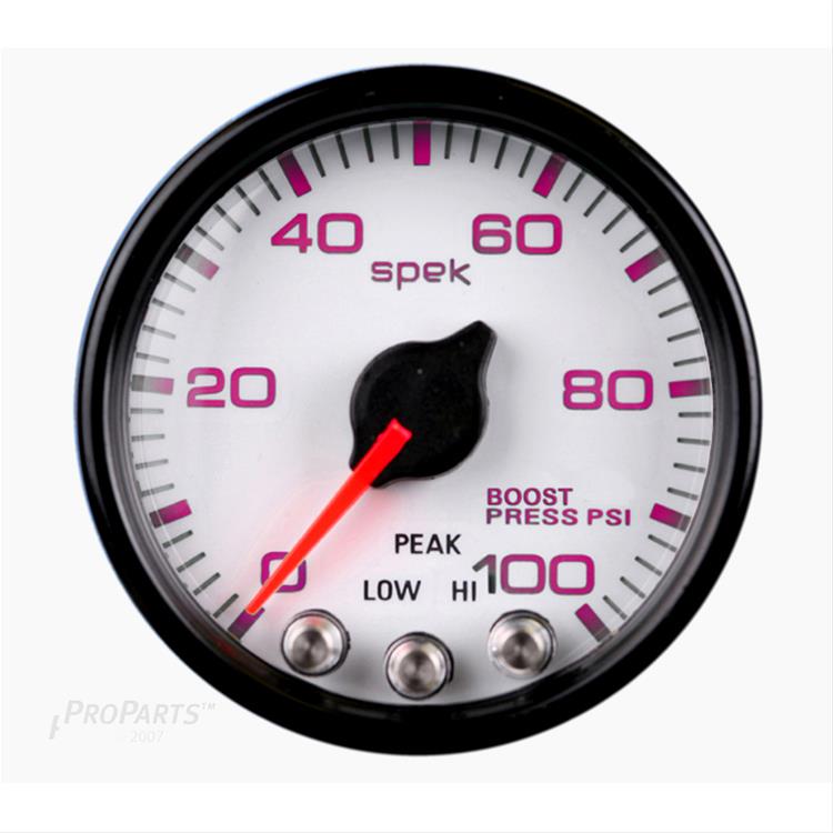 Autometer Spek-Pro Gauge Boost 2 1/16in 100psi Stepper Motor W/Peak & Warn Wht/Blk