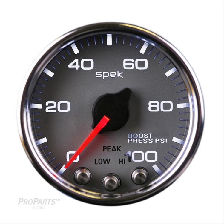 Autometer Spek-Pro Gauge Boost 2 1/16in 100psi Stepper Motor W/Peak & Warn Slvr/Chrm