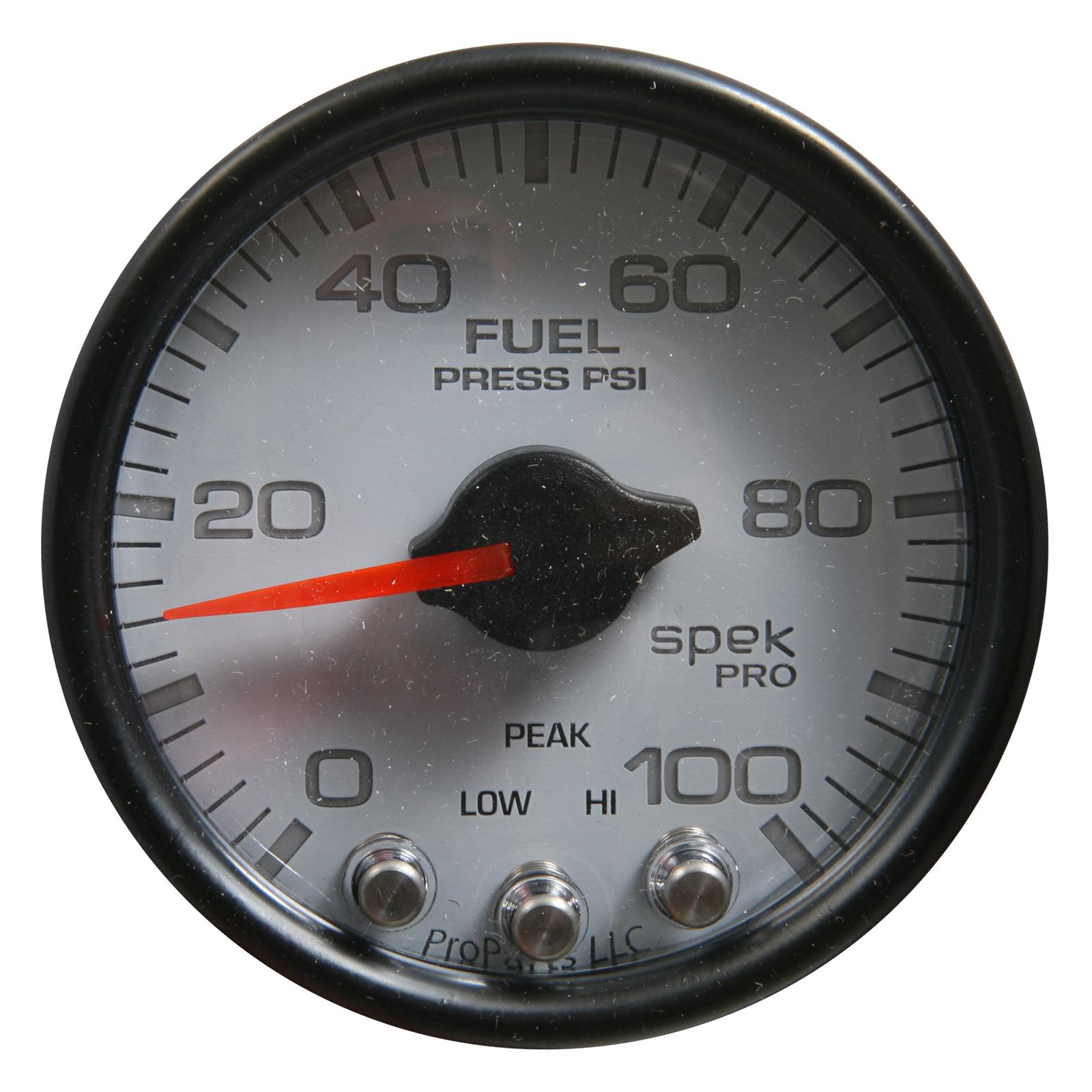 Autometer Spek-Pro Gauge Fuel Press 2 1/16in 100psi Stepper Motor W/Peak & Warn Wht/Blk