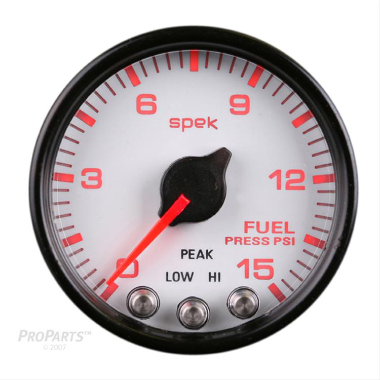 Autometer Spek-Pro Gauge Fuel Press 2 1/16in 15psi Stepper Motor W/Peak & Warn Wht/Blk