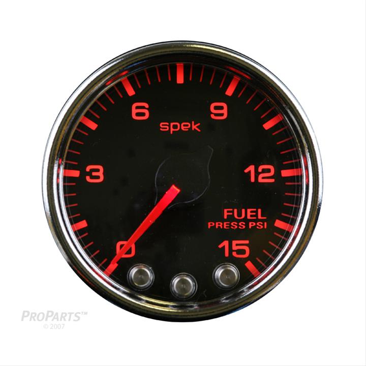 Autometer Spek-Pro Gauge Fuel Press 2 1/16in 15psi Stepper Motor W/Peak & Warn Blk/Chrm