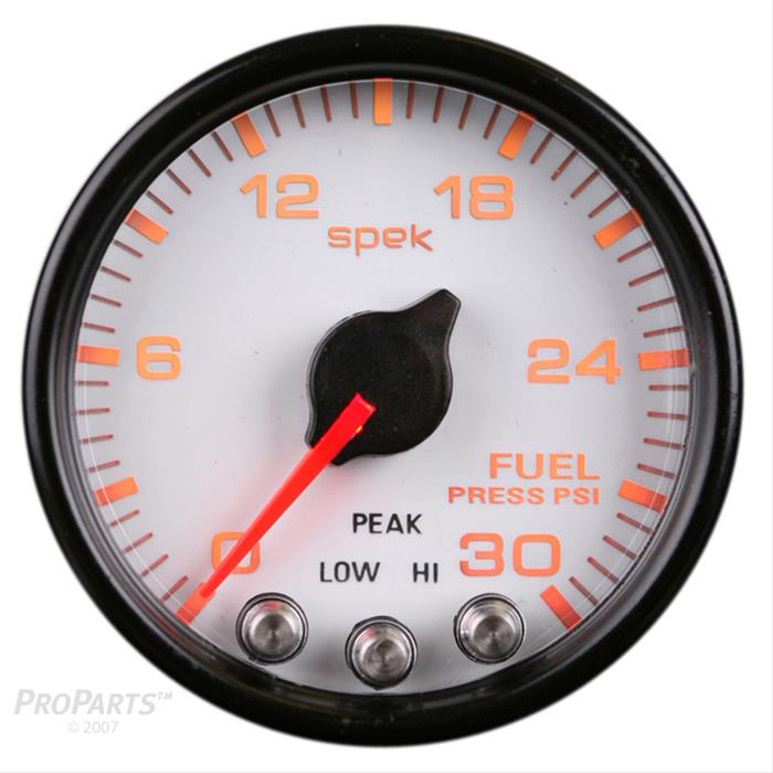 Autometer Spek-Pro Gauge Fuel Press 2 1/16in 30psi Stepper Motor W/Peak & Warn Wht/Blk