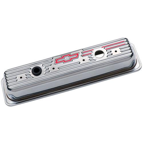 Proform Stamped Steel Chevrolet Valve Covers 141-107 Covers, Stock Height, Steel, Chrome, Bowtie Emblem, Centerbolt, Chevy, Small Block, Pair