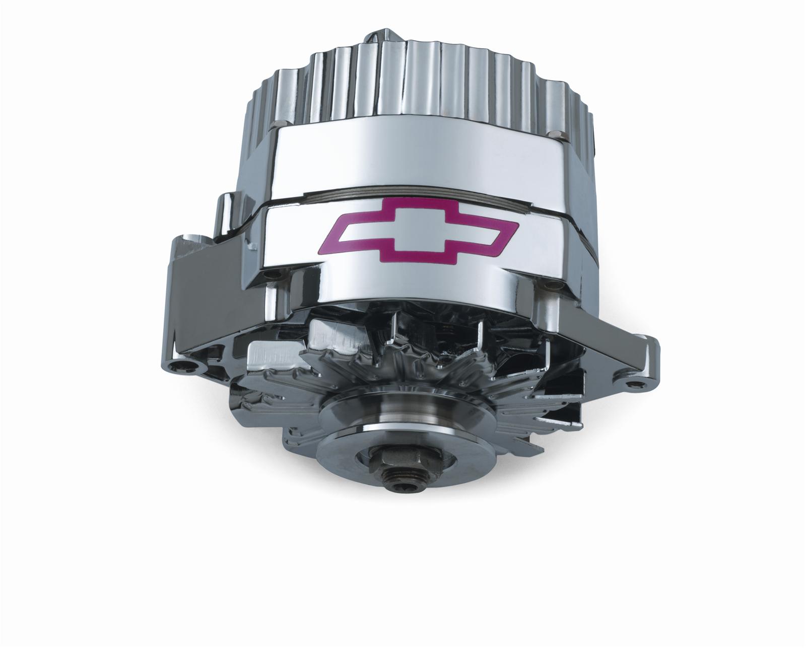 Proform Alternators 141-657 Alternator, Chrome, Red Chevy Bowtie Emblem, Internal Regulator, V-Belt Pulley, 100 Amp, 1-Wire, GM, Each thumbnail 2