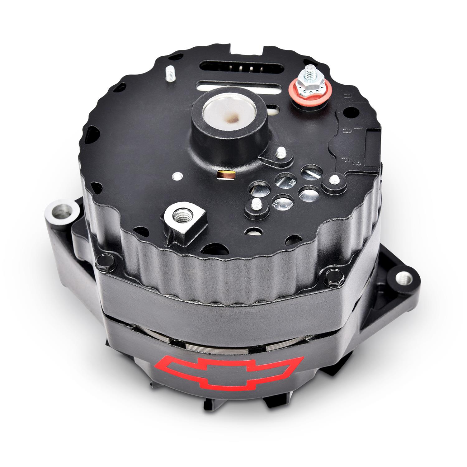 Proform Alternators 141-662 Alternator, Black Crinkle, Red Chevy Bowtie Emblem, Internal Regulator, V-Belt Pulley, 100 Amp, 1-Wire, GM, Each thumbnail 2