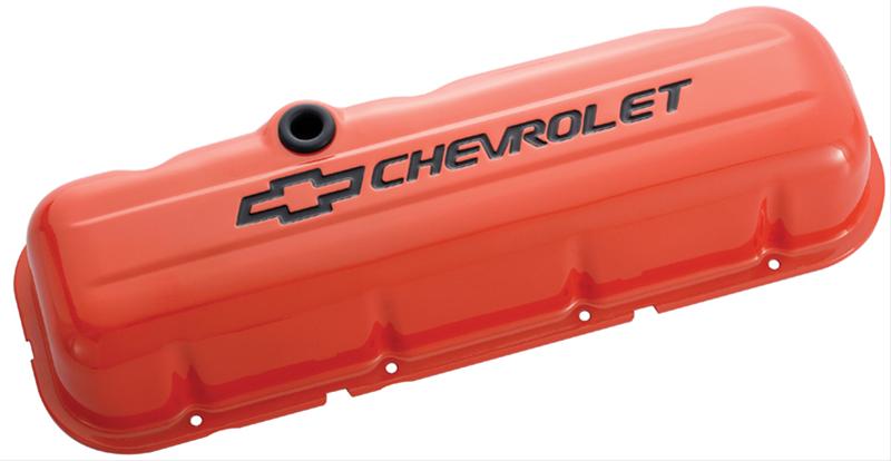 Proform Stamped Steel Chevrolet Valve Covers 141-787 Covers, Tall, Perimeter Bolt Style, Steel, Orange, Logo, Baffled, Chevy, Big Block, Pair
