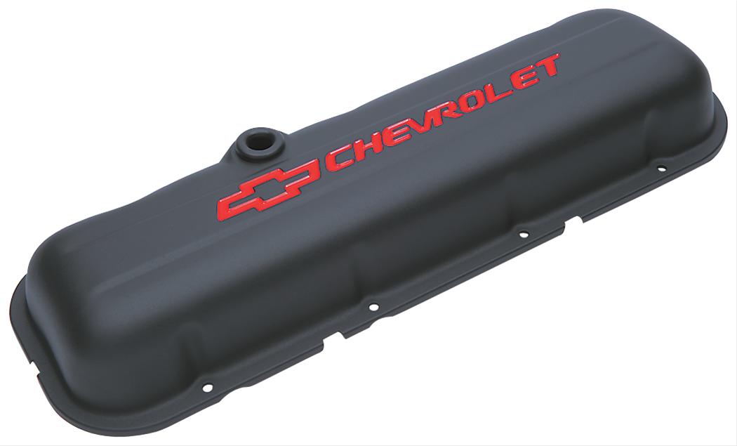 Proform Stamped Steel Chevrolet Valve Covers 141-810 Covers, Short, With Baffle, Steel, Black Wrinkle, Red Logo, Chevy, Big Block, Pair