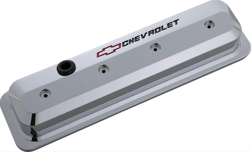 Proform GM Licensed Slant Edge Valve Covers 141-844 Cover, Cast Aluminum, Chrome, Recessed Chevrolet Logo, Chevy, Small Block, Pair