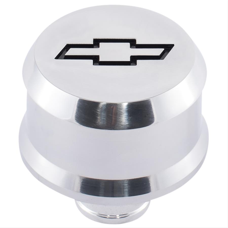 Proform Slant Edge Aluminum Breather Caps 141-854 Valve Cover Breather, Aluminum, Push-in, Round, Polished, Black Bowtie Emblem, 2.500 in. Diameter, 1.220 in. Hole Size, Each