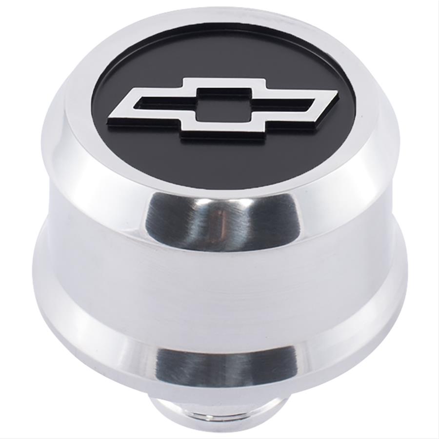 Proform Slant Edge Aluminum Breather Caps 141-857 Valve Cover Breather, Aluminum, Push-in, Round, Polished, Recessed Black Field Bowtie Emblem, 2.500 in. Diameter, 1.220 in. Hole Size, Each