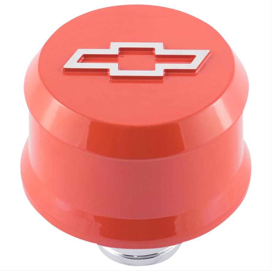 Proform Slant Edge Aluminum Breather Caps 141-859 Valve Cover Breather, Aluminum, Push-in, Round, Chevy Orange, Bowtie Emblem, 2.500 in. Diameter, 1.220 in. Hole Size, Each
