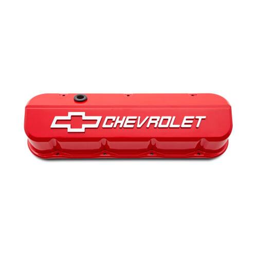 Proform GM Licensed Slant Edge Valve Covers 141-873 Covers, Edge, Tall, Perimeter Bolt, Cast Aluminum, Gloss Red Powdercoated, Chevrolet Logo Top Style, Chevrolet, Big Block, Pair thumbnail 2