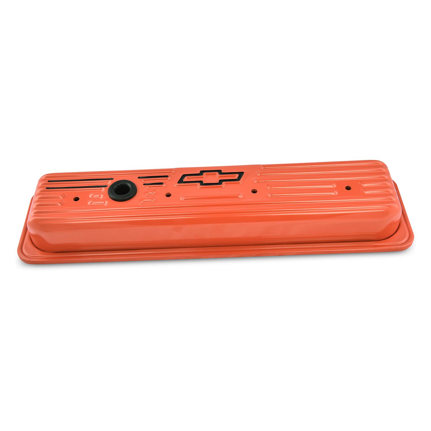 Proform Stamped Steel Chevrolet Valve Covers 141-918 Covers, Low Profile, Steel, Orange Painted, Logo, Chevy, Small Block, Pair thumbnail 3