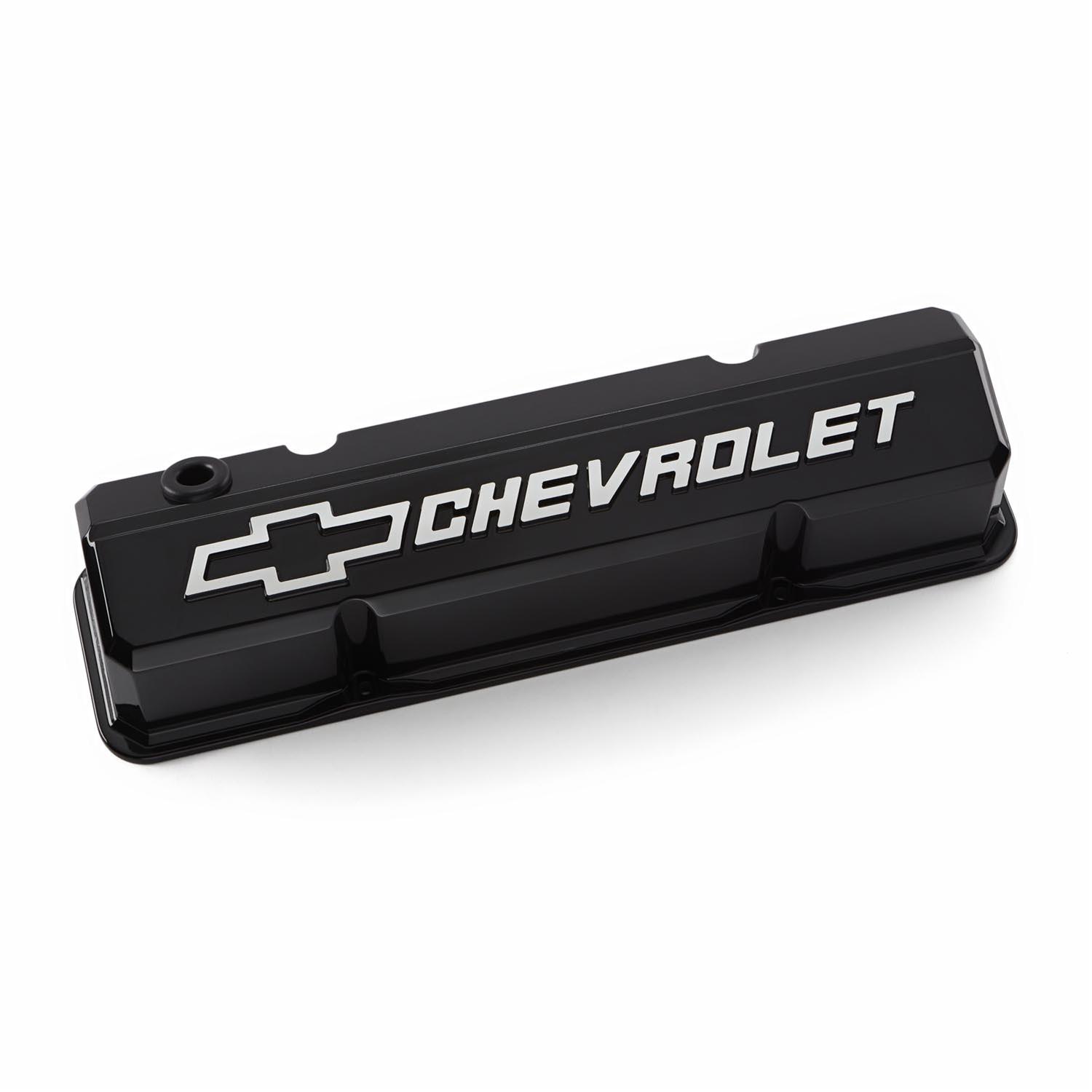 Proform GM Licensed Slant Edge Valve Covers 141-919 Covers, Cast Aluminum, Black Powdercoat, Tall, Chevrolet, Bowtie Emblem, Chevy, Small Block, Pair