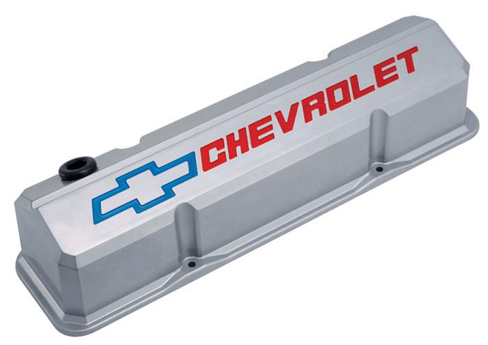 Proform GM Licensed Slant Edge Valve Covers 141-923 Covers, Aluminum, Gray with Red and Blue Logo, Tall, Chevy, Small Block, Pair