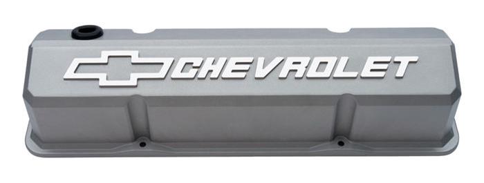 Proform GM Licensed Slant Edge Valve Covers 141-925 Covers, Aluminum, Gray Crinkle, Tall, Chevrolet, Bowtie Emblem, Chevy, Small Block, Pair