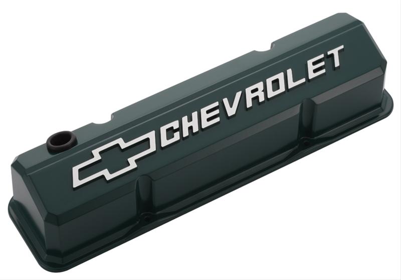 Proform GM Licensed Collector's Series Slant-Edge Valve Covers 141-933 Covers, Slant-Edge, Tall, Perimeter Bolt Mounting Style, Green, Bowtie Emblem, Chevy, Small Block, Pair