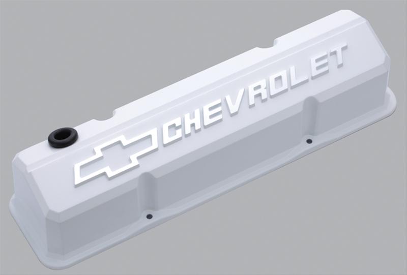 Proform GM Licensed Collector's Series Slant-Edge Valve Covers 141-935 Covers, Slant-Edge, Tall, Perimeter Bolt Mounting Style, White, Bowtie Emblem, Chevy, Small Block, Pair