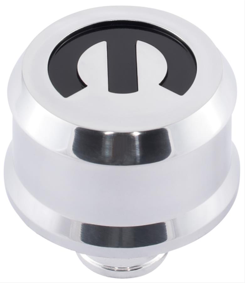 Proform Slant Edge Aluminum Breather Caps 440-441 Valve Cover Breather, Aluminum, Push-in, Round, Polished, Recessed Black Mopar Emblem, 2.500 in. Diameter, 1.220 in. Hole Size, Each