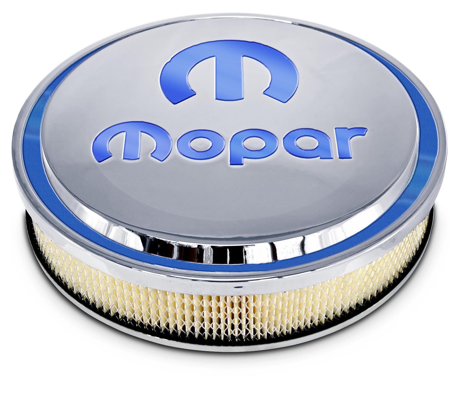 Proform Mopar Licensed Slant-Edge Air Cleaners 440-832 Cleaner, Slant-Edge, Aluminum Top, Polished, Recessed Blue Logo, 14.00 in. Diameter, Dropped 1.00 in., Each