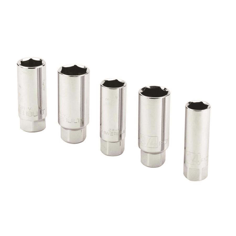 Powerbuilt 5-Piece 3/8" Drive Spark Plug Socket Set – SAE & Metric Sizes, Chrome Vanadium Steel, With Z-Drive Anti-Slip Design