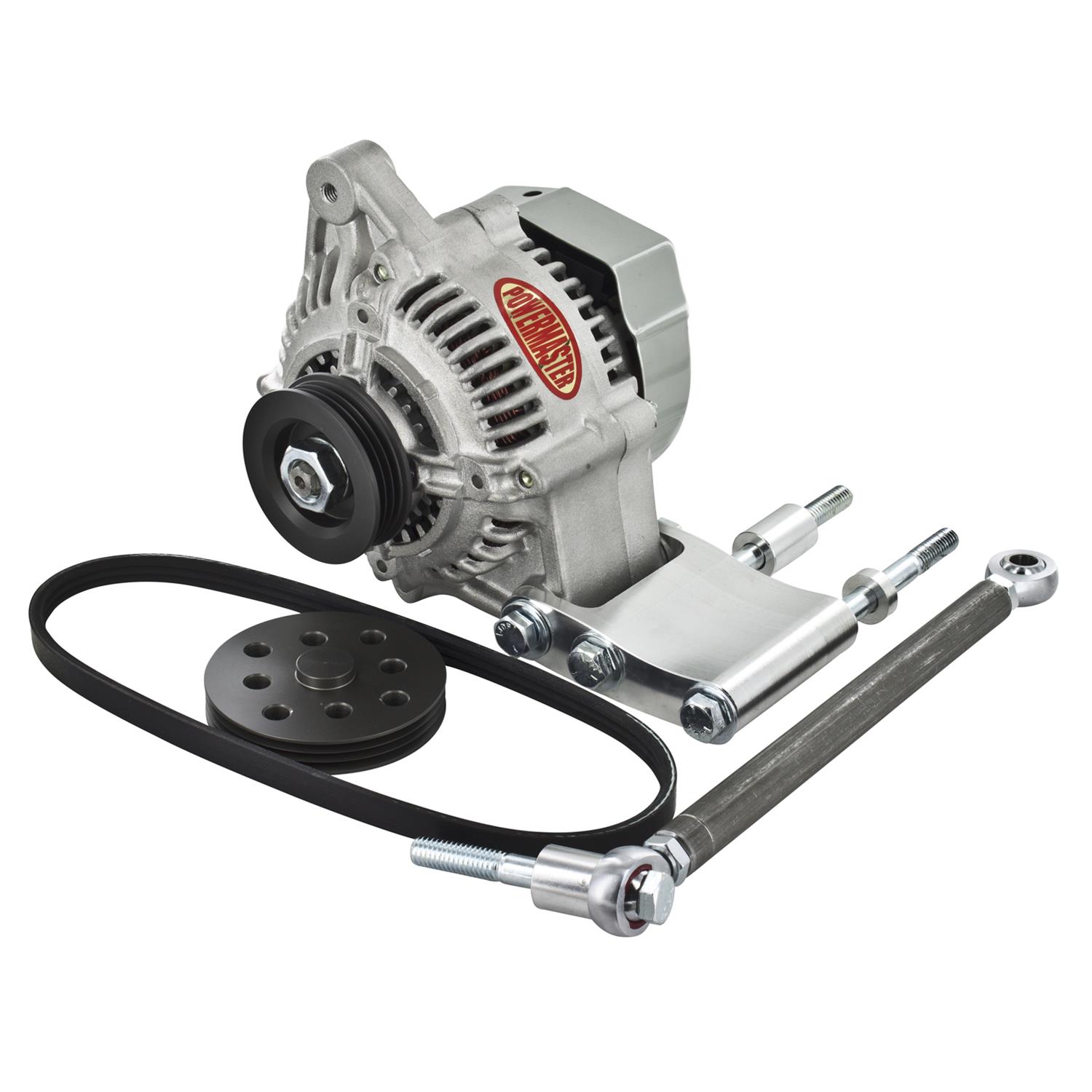 Powermaster High Mount Racing Alternator Kits 8-802 Alternator, Race, Natural, 65 Amp, 12v, Denso, Serpentine, Bracket, Belt, Kit