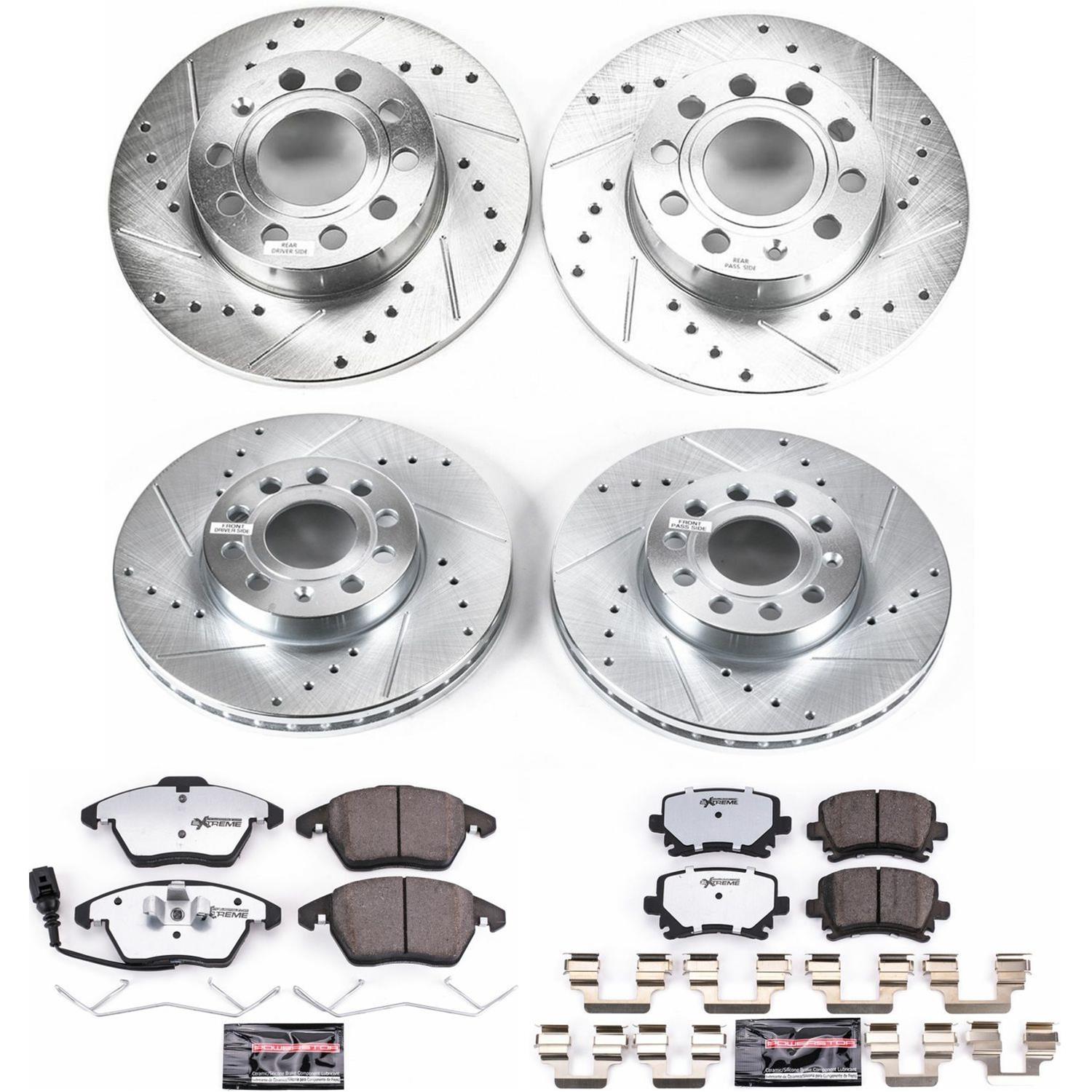 PowerStop Z26 Street Warrior Brake Upgrade Kits for 2005-2010 JETTA, 2006-2009 RABBIT - K4068-26 Rotor and Pad Combo, Warrior, Front/Rear, Cross-drilled/Slotted, Zinc Dichromate Plated, Carbon Fiber Ceramic Pads, Volkswagen, Kit thumbnail 2