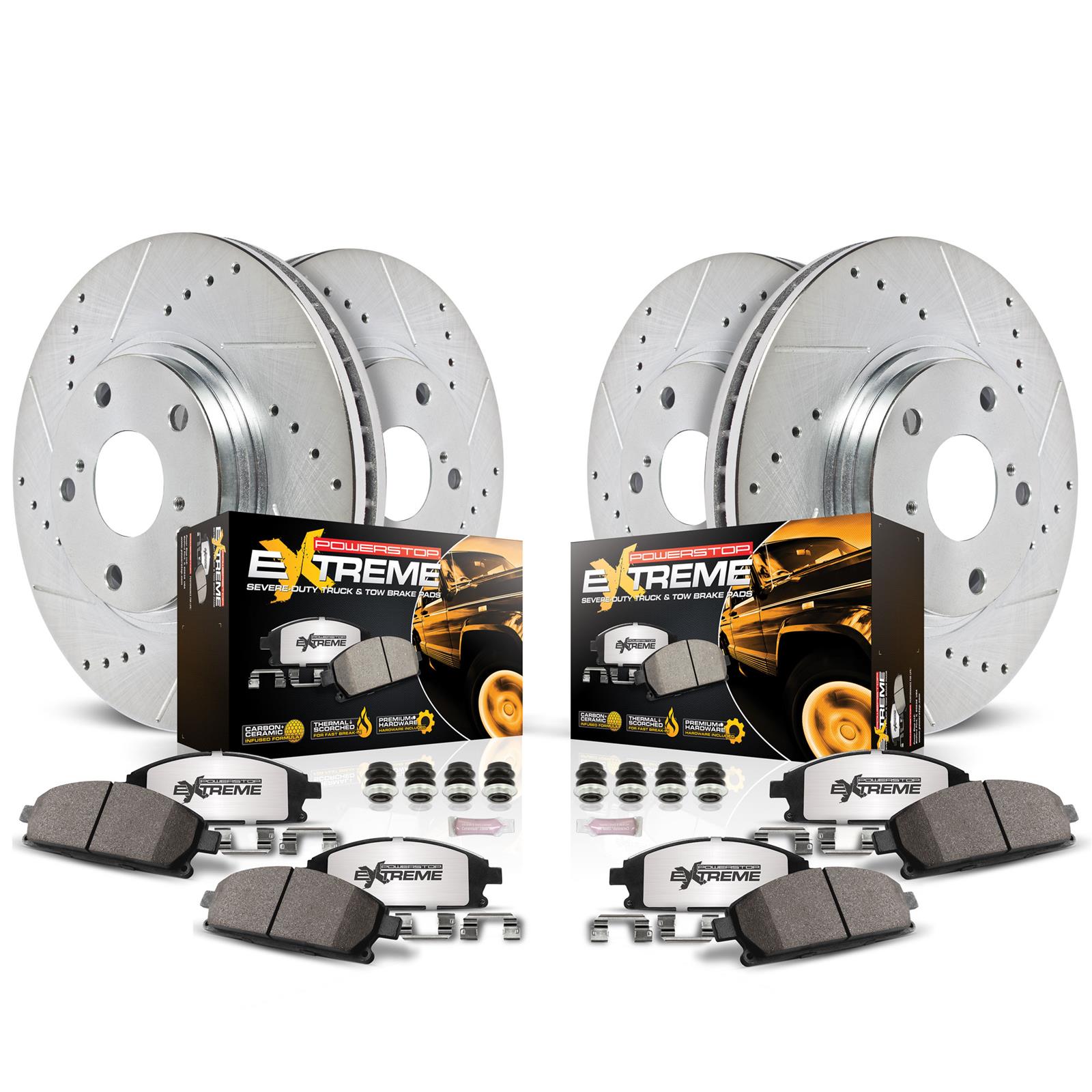 PowerStop Z36 Truck and Tow Brake Upgrade Kits for 2013-2018 RANGE ROVER, 2014-2017 ROVER SPORT - K7101-36 Pads Rotors, Tow, Cross-Drilled/Slotted Surface, Iron, Zinc Plated, 14.960 in./14.370 in. Diameter, Carbon Fiber Ceramic Pads, Kit thumbnail 2