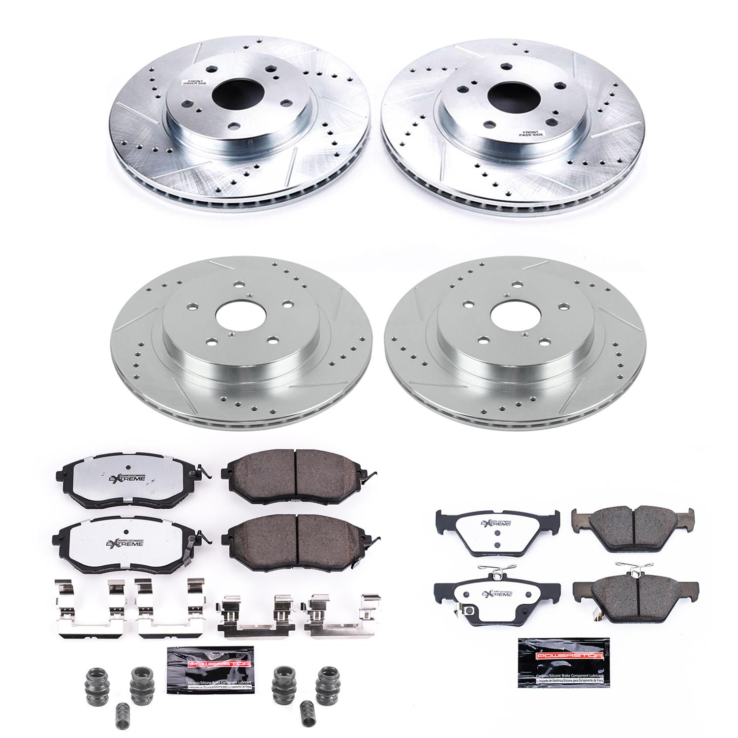 Power Stop Z26 Street Warrior Brake Upgrade Kits K8405-26 Rotors/Pads, Warrior, Carbon Fiber Ceramic Pads, Iron Rotors, Zinc Plated, Cross-Drilled/Slotted, Front and Rear, Subaru, Set thumbnail 2