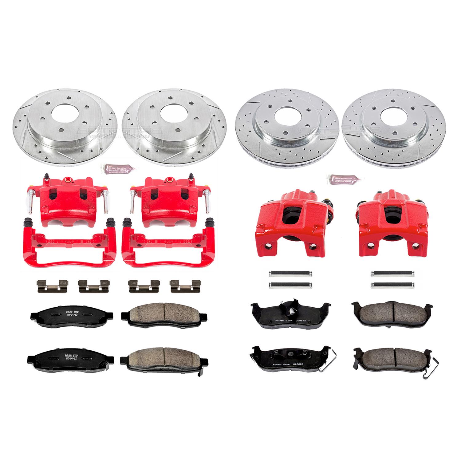 PowerStop Z23 Evolution Sport Brake Upgrade Kits with Calipers for 2005-2007 TITAN, QX56, 2005-2006 ARMADA - KC212 Rotors, Pads, Red Calipers, Drilled/Slotted Rotors, Pads, Front/Rear, Nissan, Kit thumbnail 2
