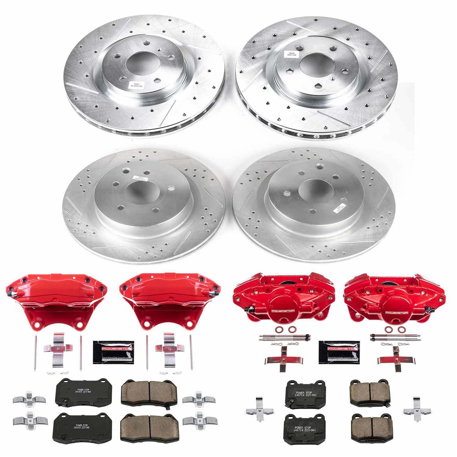 PowerStop Z23 Evolution Sport Brake Upgrade Kits with Calipers for 2003-2008 350Z, 2003-2004 G35 - KC4488A Disc Kits, Kits, Front and Rear, Cross-drilled/Slotted Rotors, Red Calipers, Infiniti, Nissan, Kit thumbnail 2