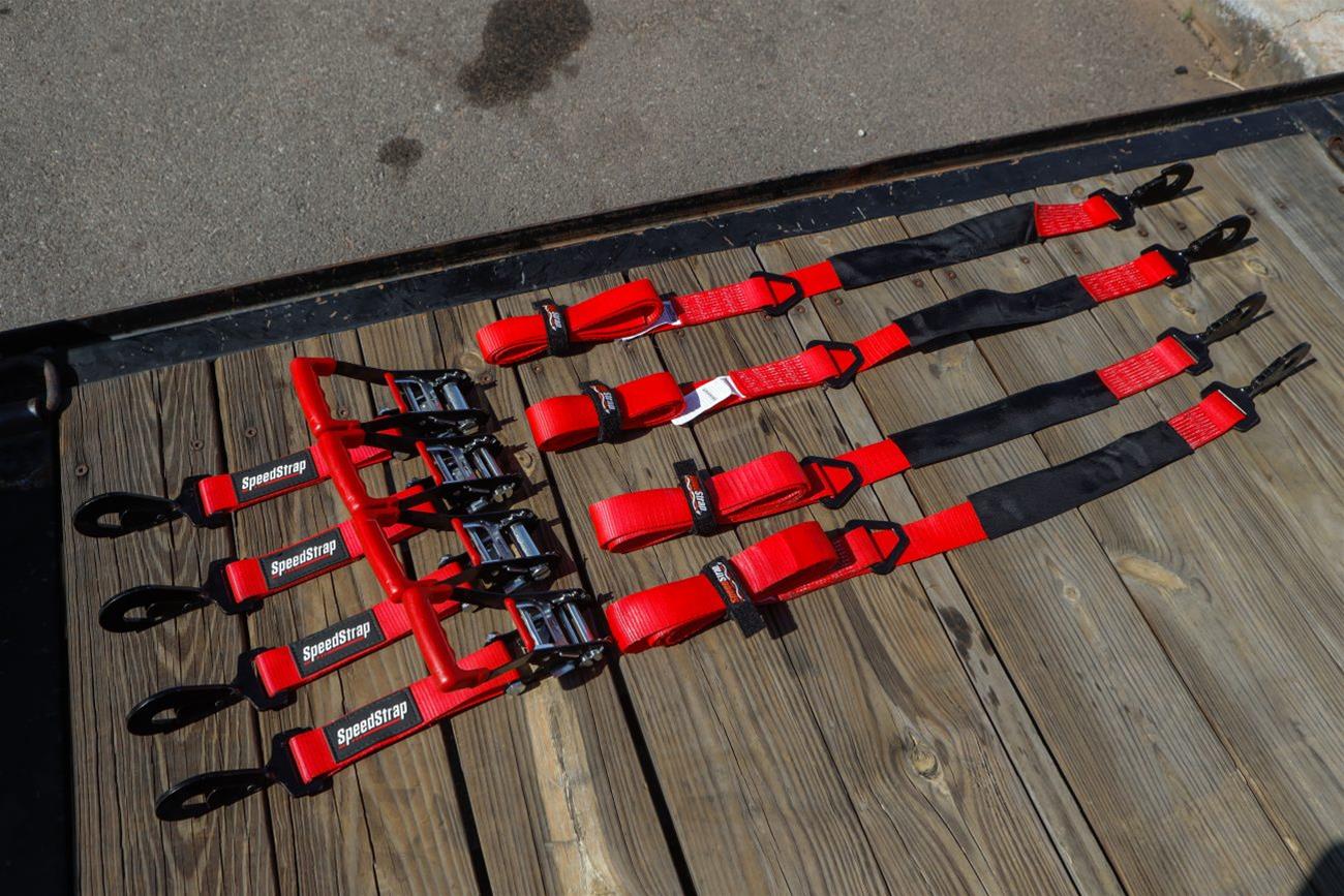 PRP Seats SpeedStrap Off-Road Tie-Down Kits 71733 Straps, SpeedStrap, Off-Road, Four 10 ft. Tie-Downs with Axle Straps, Ratchet, Twisted Snap Hook, Red, Four SpeedWraps, Storage Bag, Kit