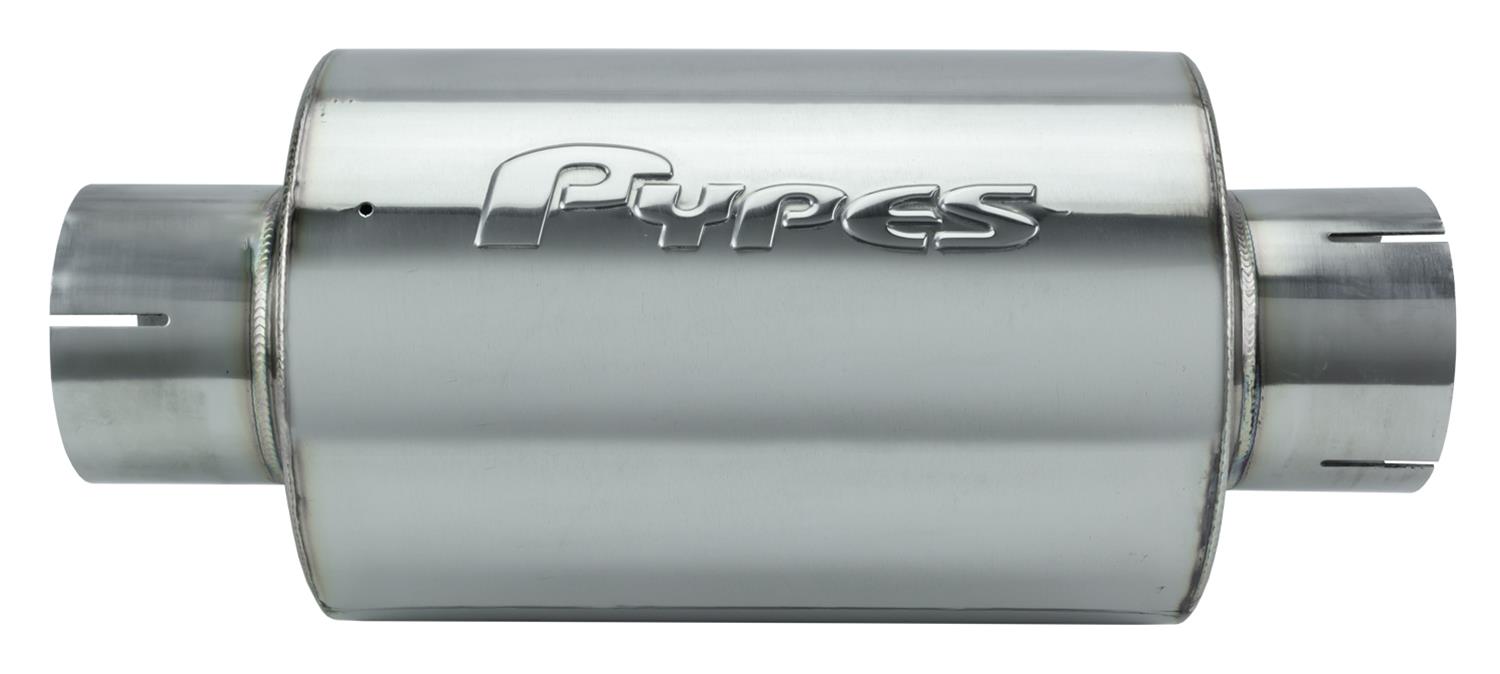 Pypes M-80 Round Case 304 Stainless Steel 3 Inch Muffler MVR2030S Muffler, 3.00 in. Center Inlet, 3.00 in. Center Outlet, 20 in. Overall Length, Polished, Steel, Round, Each