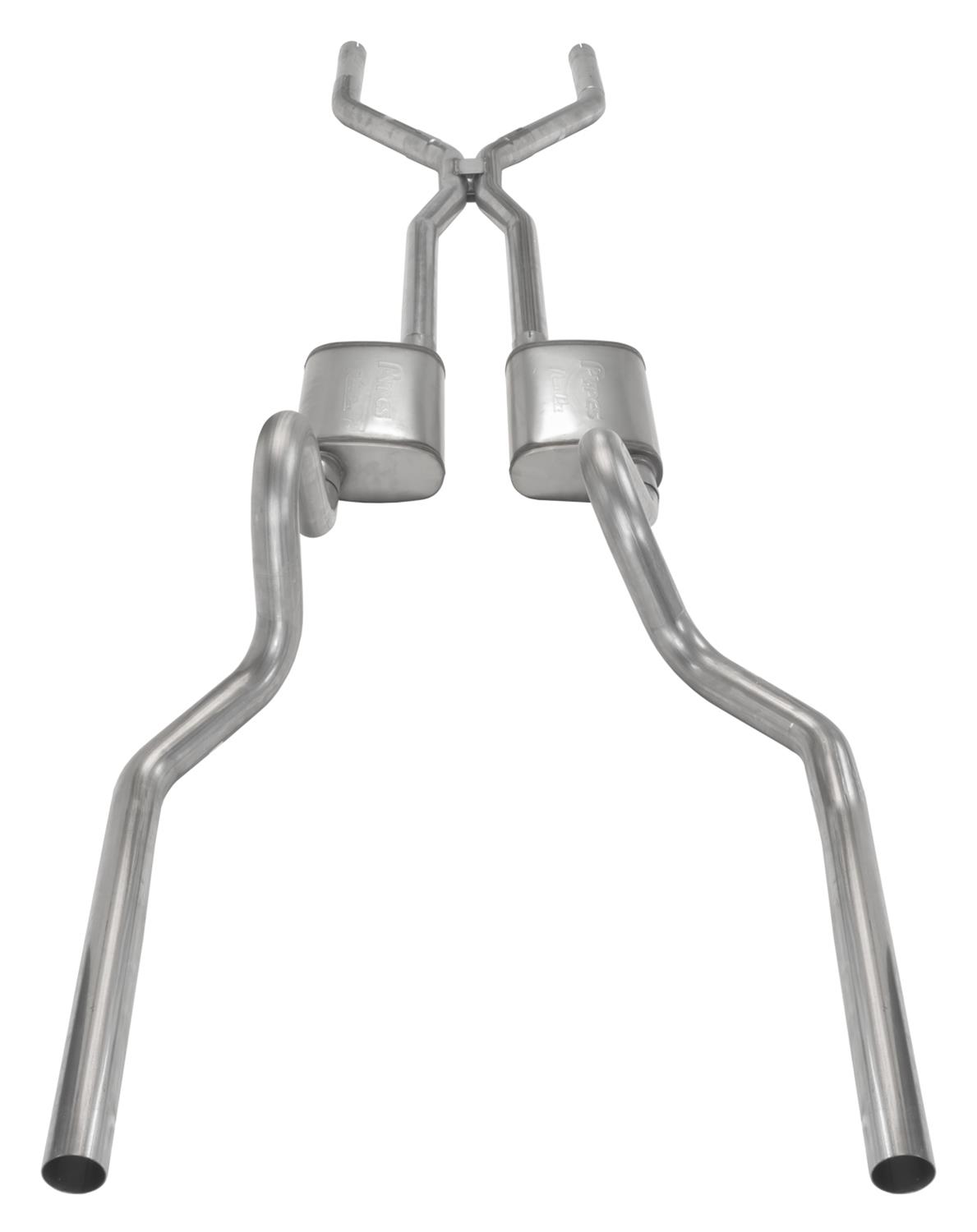 Pypes H-Bomb Exhaust Systems for 1970-1973 MUSTANG - SFM44R System, Crossmember Back w/H-Pipe 71-73 Mustang Split Rear Dual Exit 2.5 in Int & Tail Pipe Race Pro Muffler/Hardware thumbnail 2