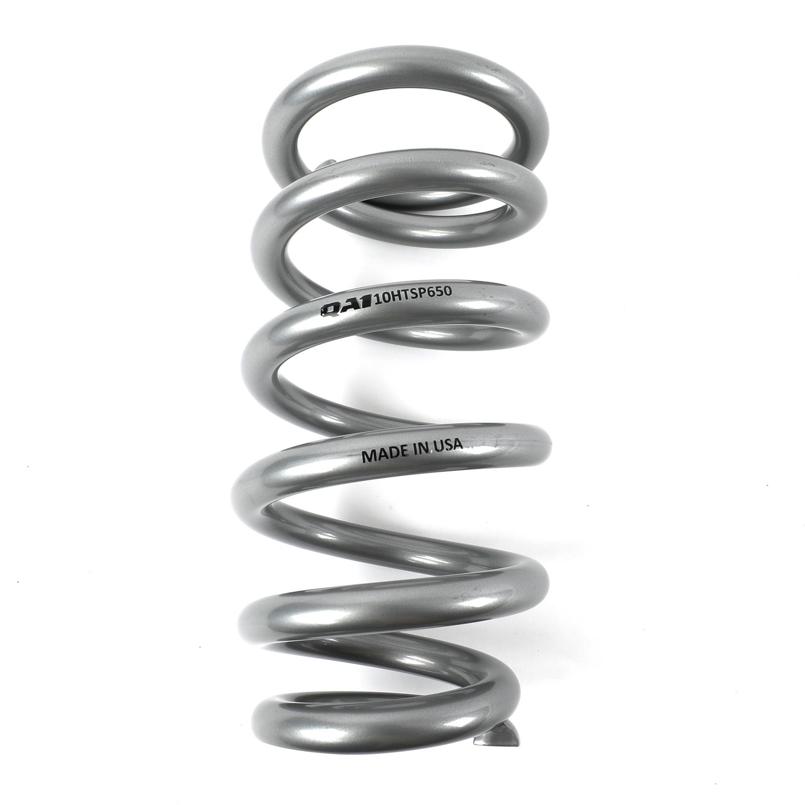 QA1 3-1/2in ID Tapered High Travel Pigtail Spring - 10in Length x 650lbs/in - Silver Powder Coated