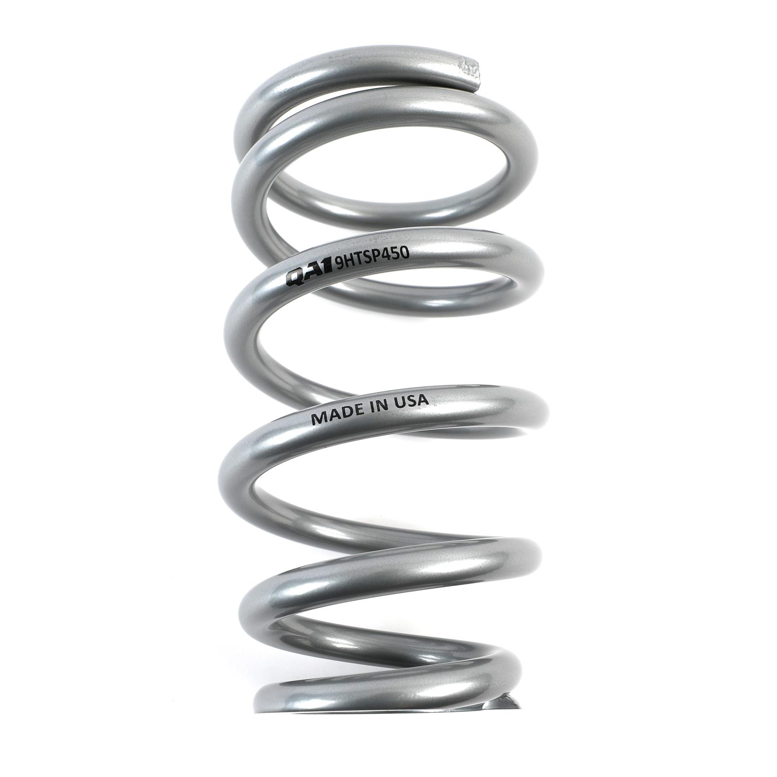 QA1 3-4/5in ID Tapered High Travel Pigtail Spring - 9in Length x 450lbs/in - Silver Powder Coated