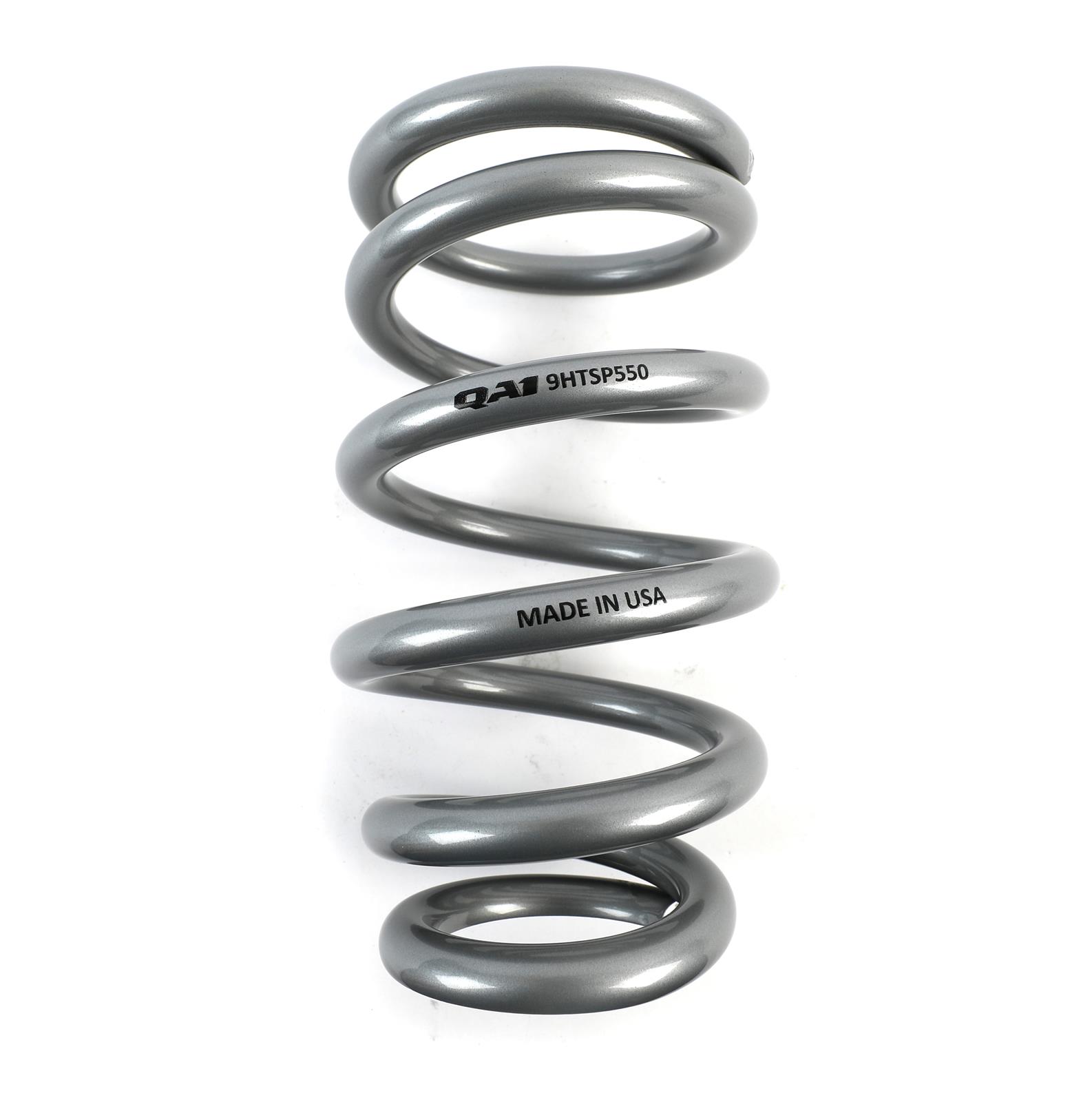QA1 3-4/5in ID Tapered High Travel Pigtail Spring - 9in Length x 550lbs/in - Silver Powder Coated