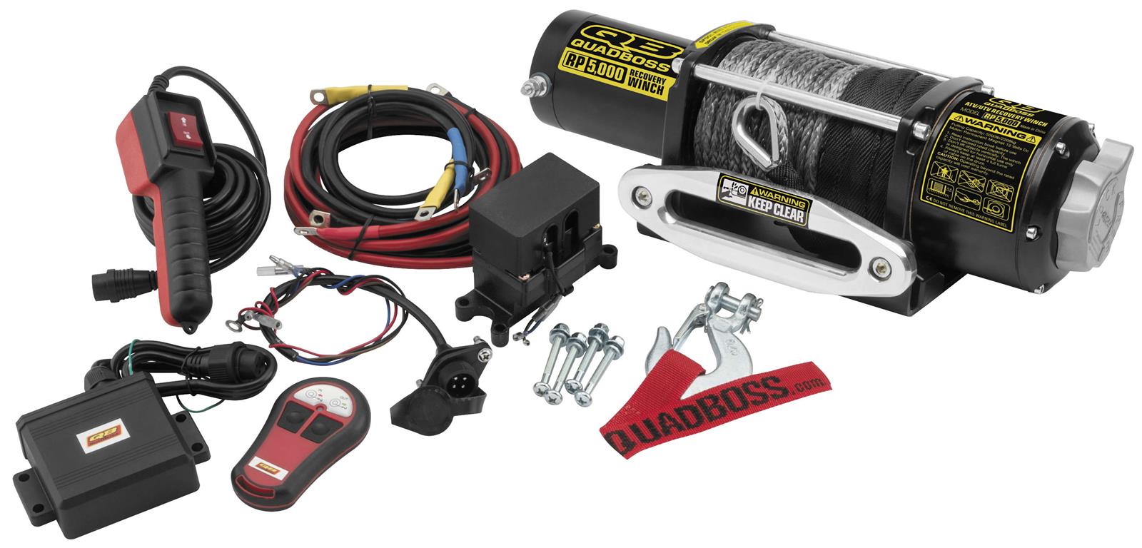 5,000 lbs. Quadboss Winch 608851 Winch, Electric, Pull Rating, Hawse Fairlead, 50 ft. Synthetic Rope Length, Wired and Wireless Remote, Kit