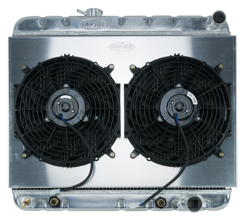 Cold Case Performance Aluminum Radiator Modules for 1965 GTO, LEMANS, TEMPEST - GPG20K Radiator, Performance, Module, Aluminum, Polished, Downflow, 2 Row, Dual 12 in. Fans, Pontiac, Kit