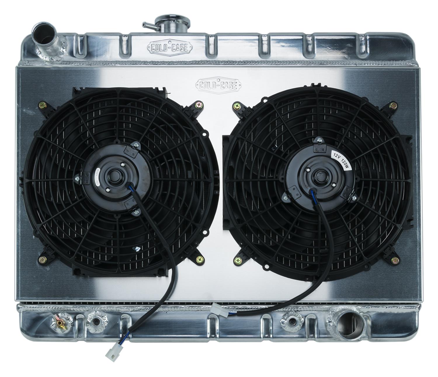 Cold Case Performance Aluminum Radiator Modules for 1966-1967 GTO, LEMANS, TEMPEST - GPG38AK Radiator, Performance, Module, Aluminum, Polished, Downflow, 2 Row, Transmission Cooler, Dual 12 in. Fans, Pontiac, Kit