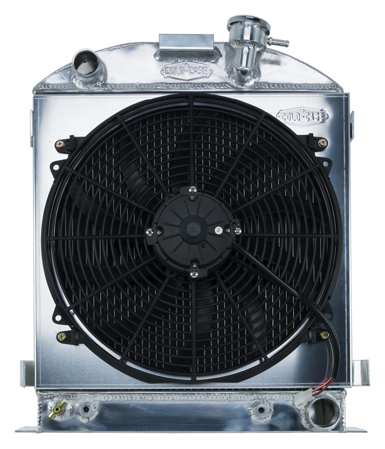 Cold Case Performance Aluminum Radiator Modules for 1932 MODEL B - STF904AK Radiator, Performance, Module, Aluminum, Polished, Downflow, 2 Row, Transmission Cooler, Single 16 in. Fan, Ford, Chevy Small Block, Kit