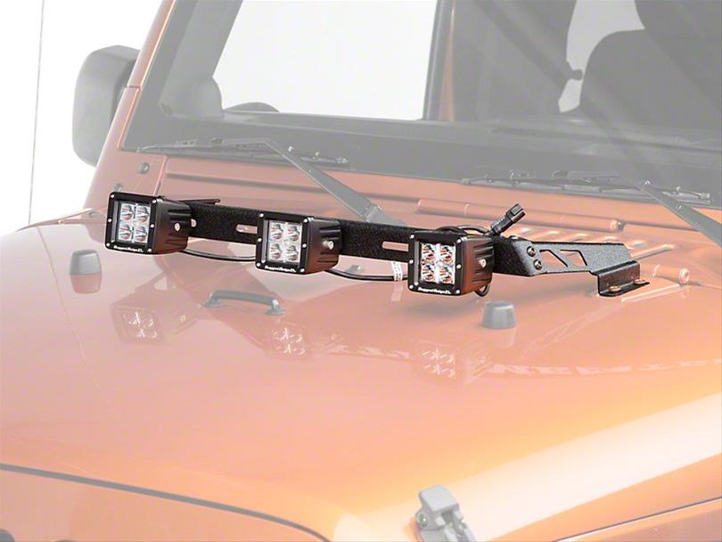 Rugged Ridge 07-18 Jeep Wrangler JK Black 3 Sqaure LED Hood Mounted Light Bar Kit thumbnail 2