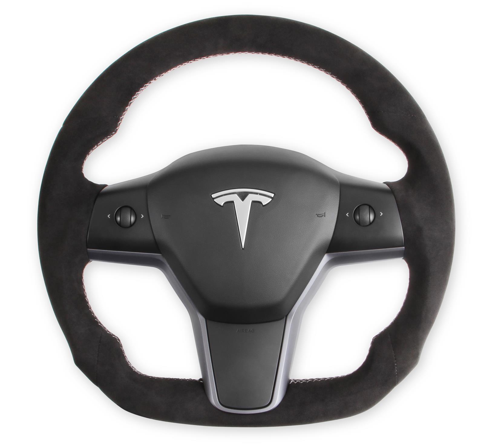 REKUDO Steering Wheels RK950-02 Wheel, Alcantara, 3 Spoke, Flat Bottom, Silver Stitching, Reuse Airbag and Factory Controls, Black, Tesla, Each