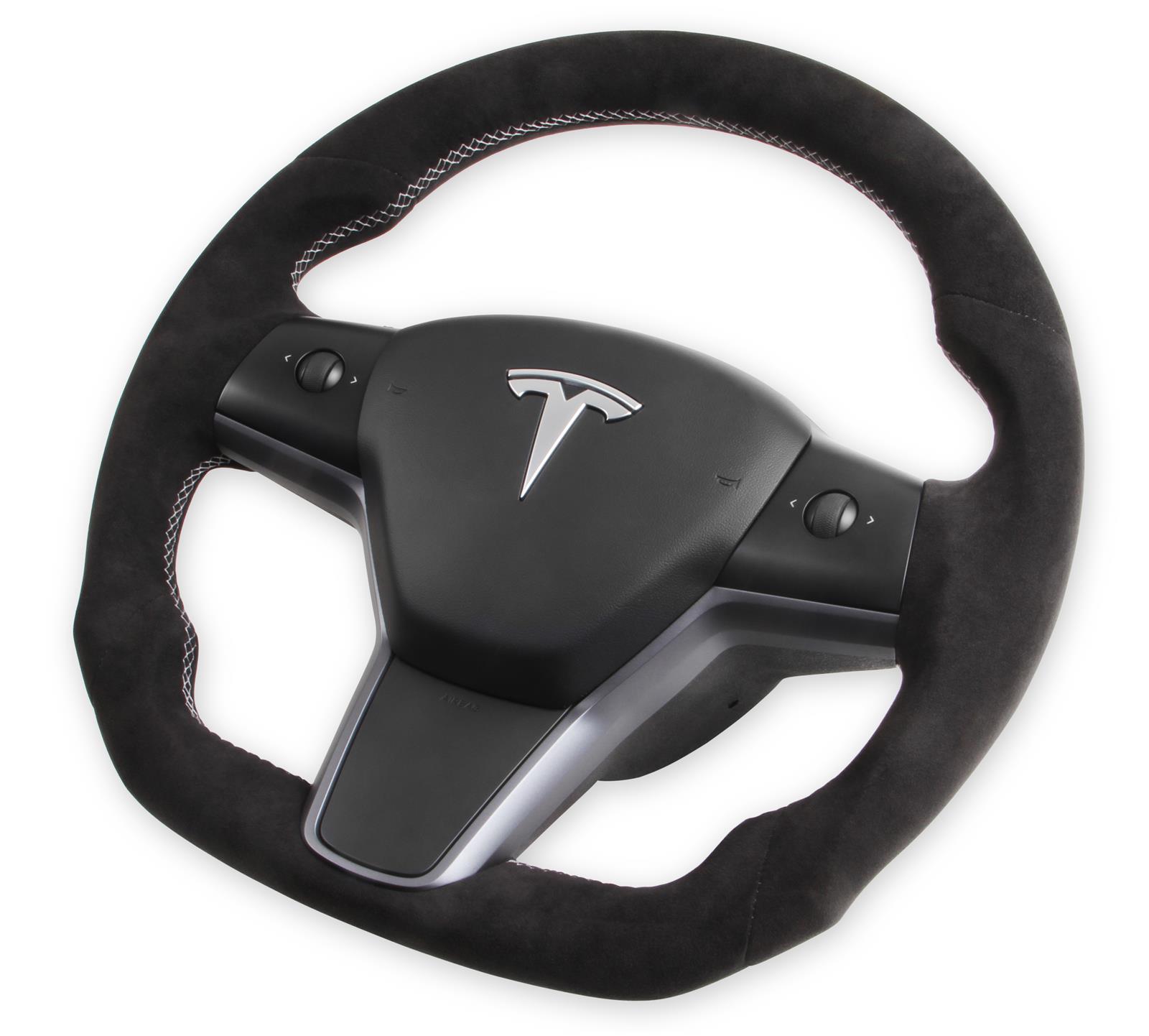 REKUDO Steering Wheels RK950-02 Wheel, Alcantara, 3 Spoke, Flat Bottom, Silver Stitching, Reuse Airbag and Factory Controls, Black, Tesla, Each thumbnail 4