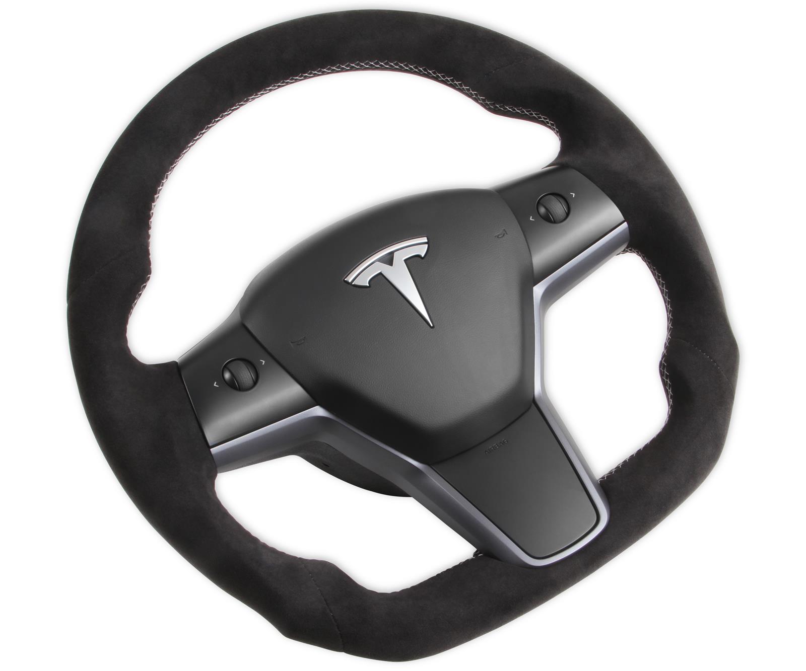 REKUDO Steering Wheels RK950-02 Wheel, Alcantara, 3 Spoke, Flat Bottom, Silver Stitching, Reuse Airbag and Factory Controls, Black, Tesla, Each thumbnail 8
