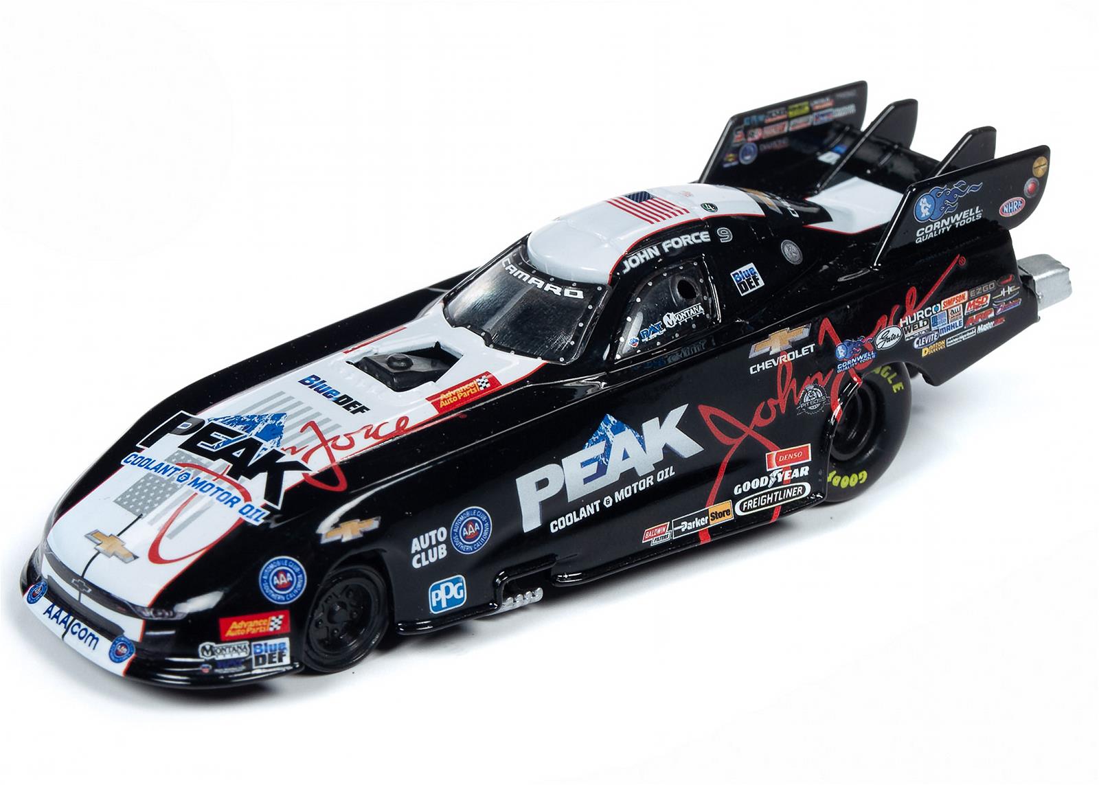AUTO WORLD AWSP035 164 Scale John Force 2019 Peak Night Under Fire