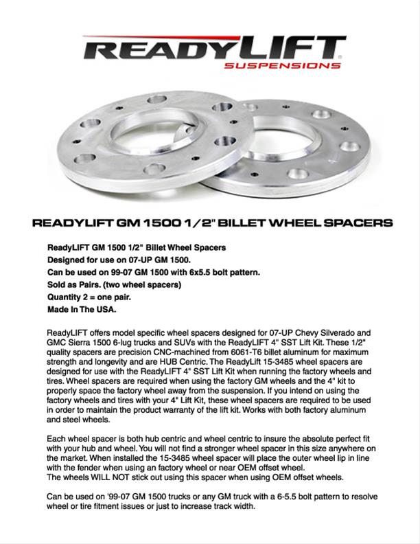 ReadyLift Suspension 0.5 inch Wheel Spacers 15-3485 Spacers, Aluminum, 0.500 in. Thickness, 6 x 5.50 in. Bolt Circle, Chevy, GMC, Pair