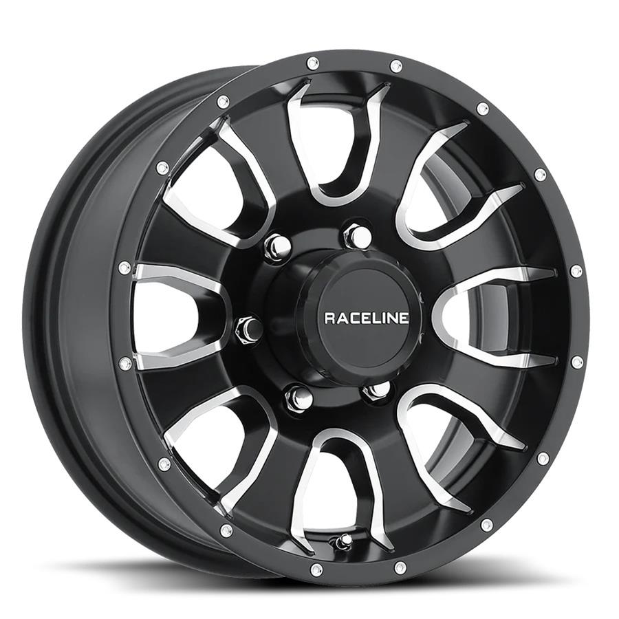 Raceline 860M Mamba 12x4in / 5x114.3 BP / 0mm Offset / 3.19mm Bore - Black & Machined Wheel