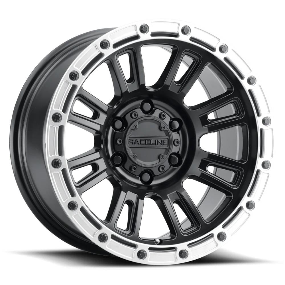 Raceline 956BS Compass 17x8in / 5x110 BP / 30mm Offset / 72.62mm Bore - Black & Silver Lip Wheel